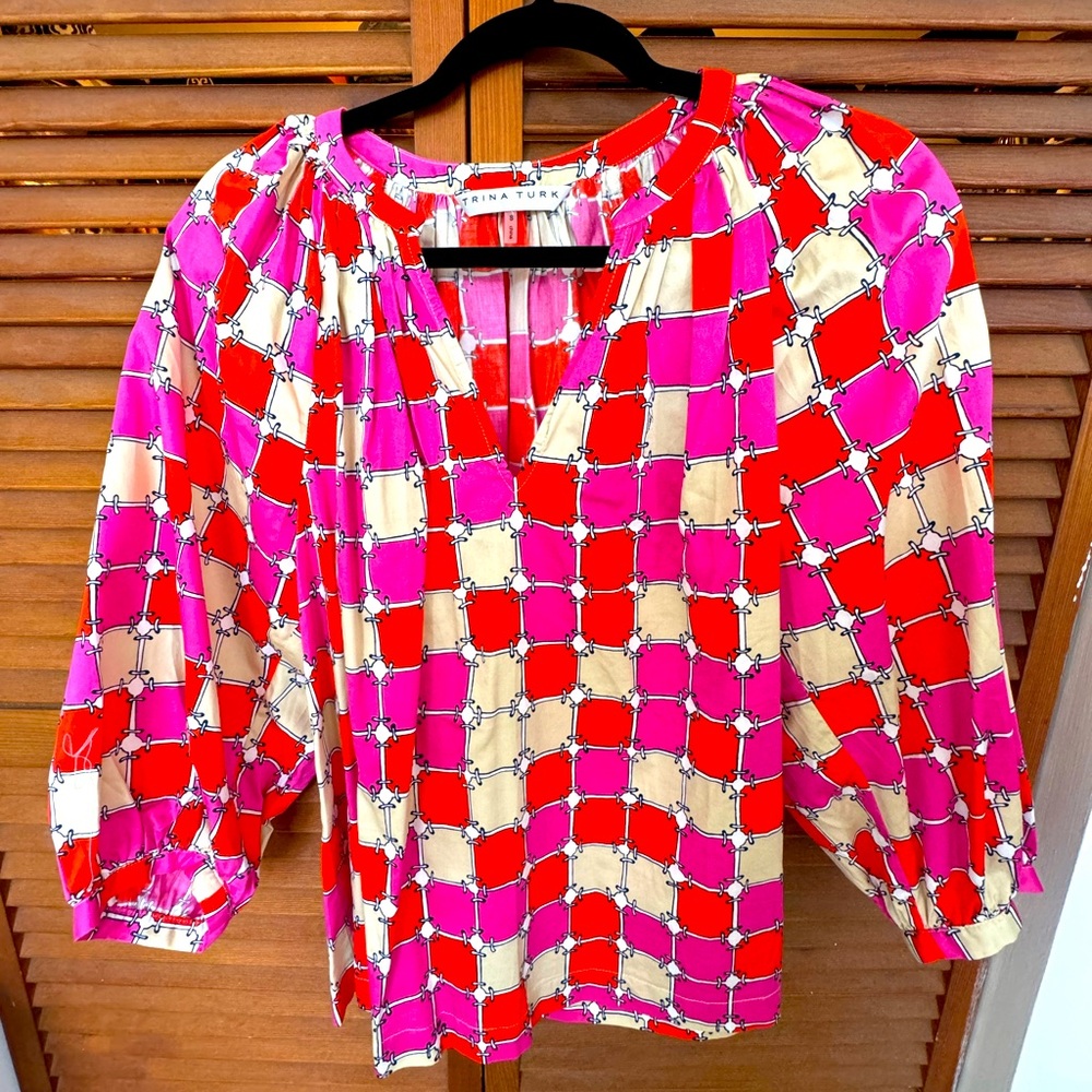 Trina Turk Pink-and-Orange Checkered Long Sleeve V-neck Blouse